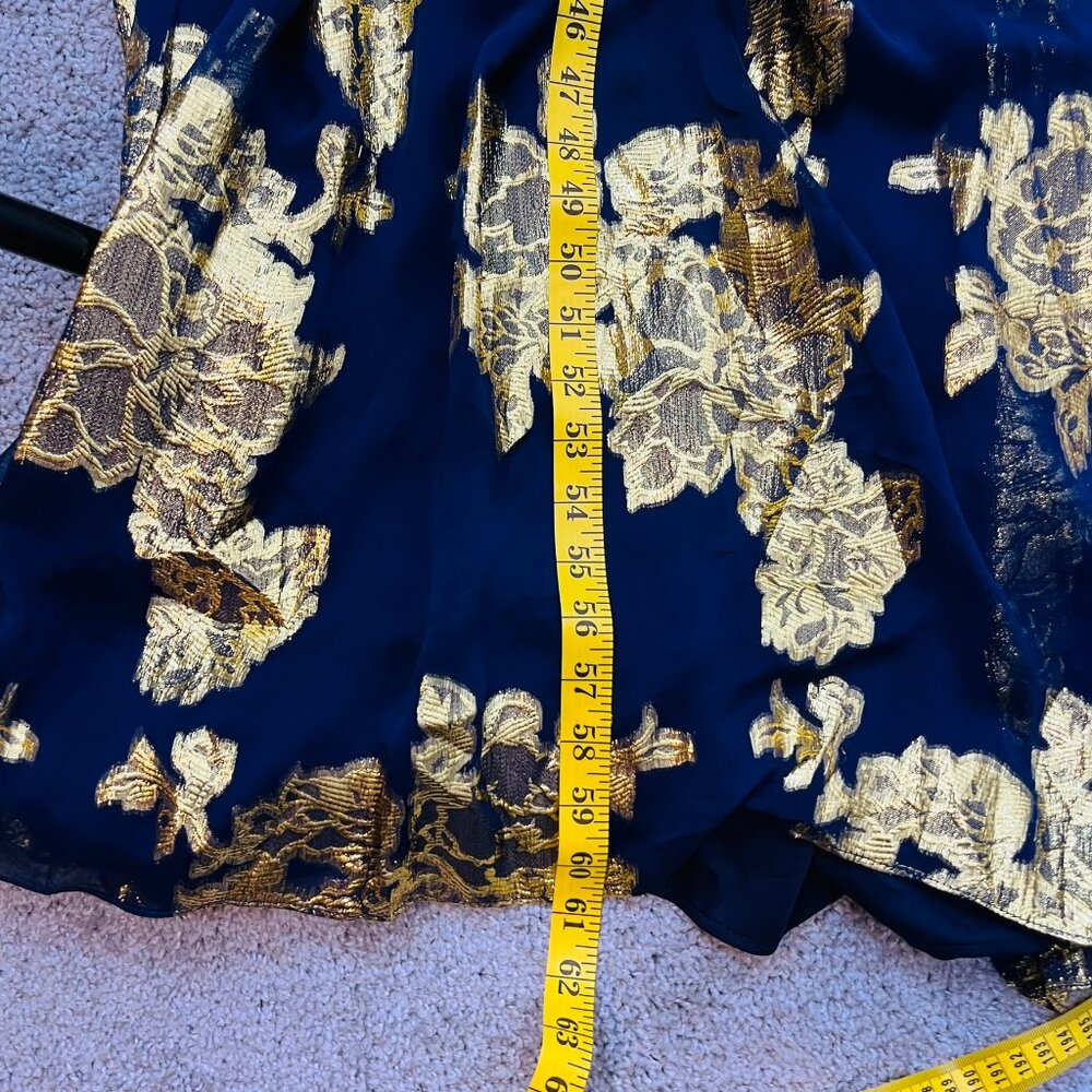 Xscape Silk Navy Blue and Gold Metallic Maxi Evening Gown - Picture 12 of 12